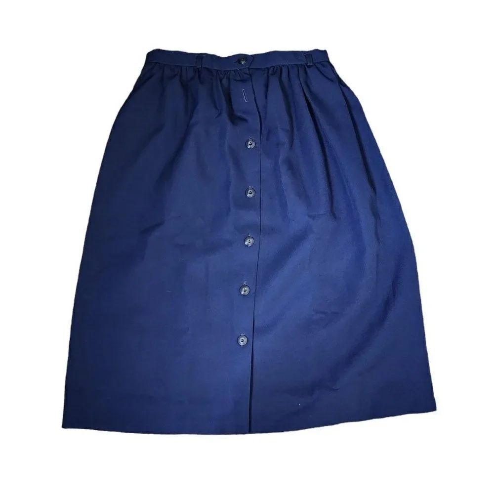 Vintage 80s Straight Skirt Womens Size L Navy Blue Button Front Elastic Waist